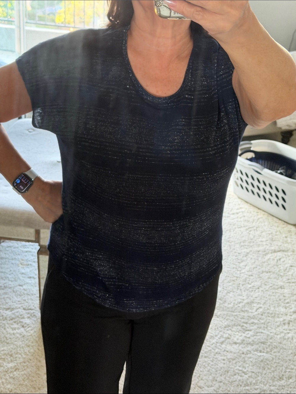 Vince Camuto Navy Metallic Stripe Short-Sleeve Tee